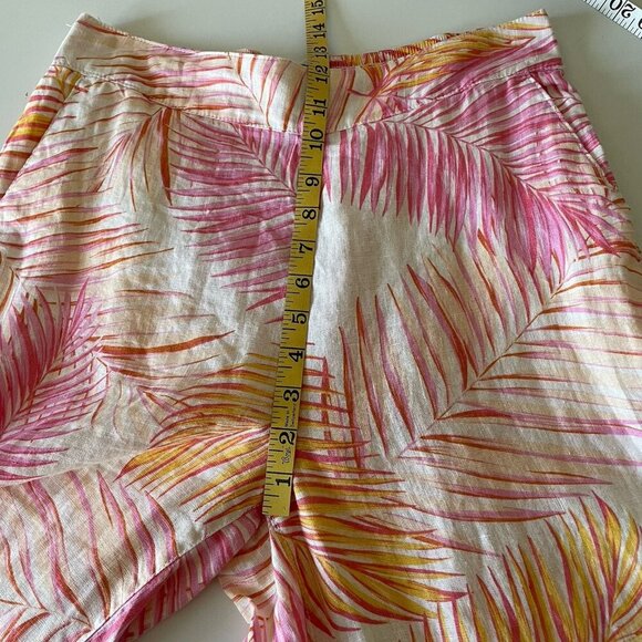 Tahari 100% Linen Cropped Wide Leg Pants M Pink Palm Print Tropical Beach Cruise - Picture 10 of 10